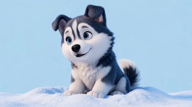 Cute Husky Puppy Character Sitting in Snow Wagging Its Tail Gently