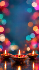 Fototapeta premium Diwali lamps beneath open festive greeting space, decorated clay diyas for deepavali celebration with colorful home lights, invitation background with copy space