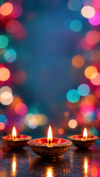 Diwali lamps beneath open festive greeting space, decorated clay diyas for deepavali celebration with colorful home lights, invitation background with copy space
