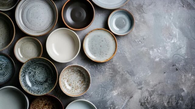 Top view of artisan ceramic bowls on a textured surface