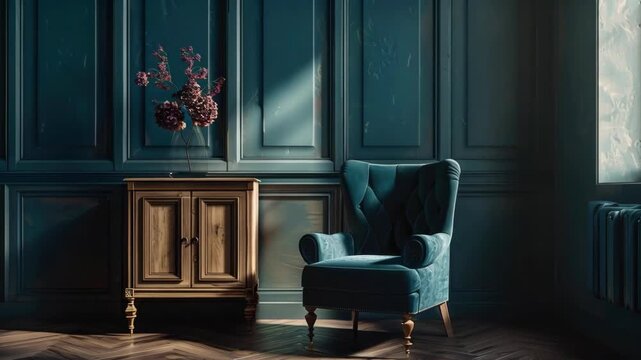 Elegant Interior with Tufted Teal Velvet Armchair and Vintage Cabinet