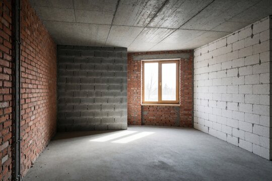 Empty room inside unfinished apartment during renovation. Interior with concrete ceiling, red brick walls, white aerated concrete blocks. Natural light from window shines on gray cement floor. New