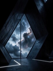 Fototapeta premium Empty dark room with geometric concrete walls, large window. View of dramatic cloudy night sky with stars, nebula through triangular opening. Futuristic interior space features glowing neon floor