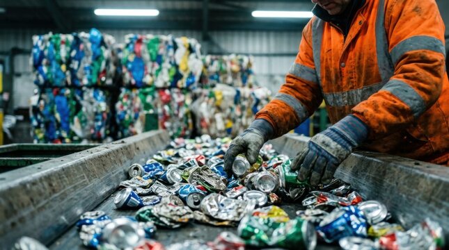 Worker in hi-vis jacket sorting crushed aluminum cans on vibrating conveyor belt at recycling facility with plastic bales stacked behind