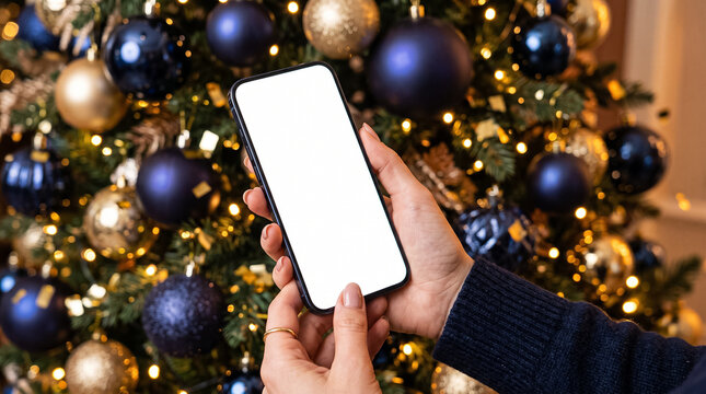 a hand holding a smartphone with a blank screen against a christmas tree with blue and gold balls, festive lights, christmas and new year atmosphere, mobile phone mockup