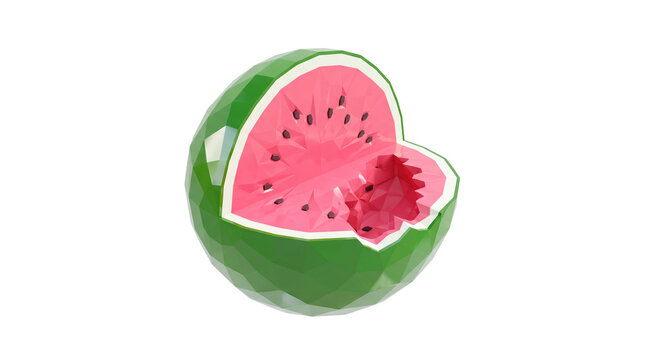 Low Poly Watermelon Slice with Bite Mark Isolated on White Background