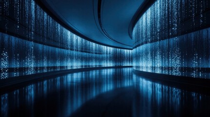 Fototapeta premium Futuristic curved tunnel with blue LED lighting. Modern architecture features glowing digital patterns on walls. Abstract tech corridor with light effects, reflective floor. Cyberpunk style interior
