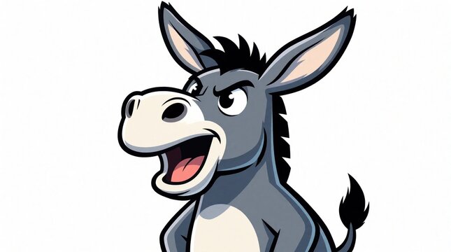 Funny grey donkey cartoon mascot with angry expression. Stubborn mule character shouts with open mouth, big teeth. Expressive comic animal yelling on white background. Mad burro illustration for