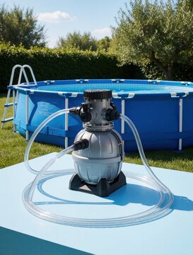 Modern sand filter pump for backyard swimming pool on blue pedestal. New water filtration system equipment for large frame pool maintenance. Family vacation accessory for clean water in summer
