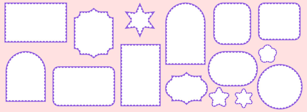 Purple scalloped lace borders outline white rectangle, arch, star, circle plus oval label frames on pale pink background as modern decorative trim set for stationery or scrapbooking projects.
