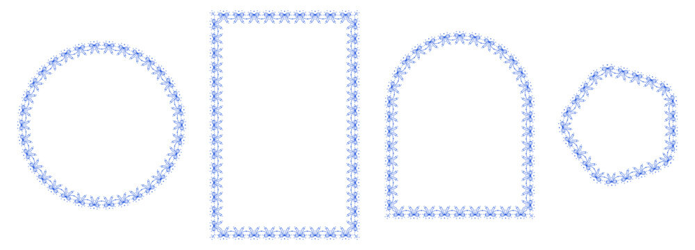Blue double bow lace border frames form circle, rectangle, arch plus pentagon outlines linked by elegant ribbon garland trim as coquette set isolated on white background for scrapbook card layouts.