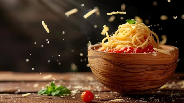 Parmesan Cheese Falling on Spaghetti in a Rustic Bowl