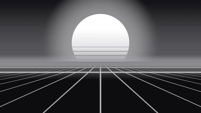 Monochrome synthwave grid with striped sun retro seamless loop