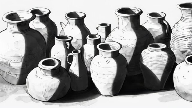 Selection of Sketched Ceramic Vases and Pottery Jars