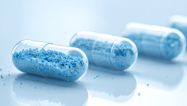 Blue Capsules in a Row: Translucent blue capsules filled with granular powder are neatly arranged in a shallow depth of field, highlighting their pharmaceutical texture.