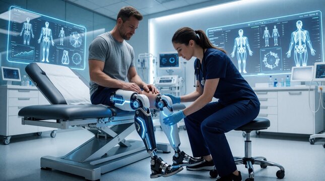 Male patient with high tech bionic leg sits on medical bed. Female doctor examines prosthetic limb in futuristic clinic. Digital hologram displays human anatomy, bone structure for surgery planning,