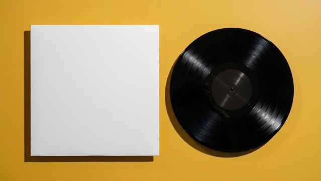 Top down view of blank white vinyl record sleeve mockup next to black LP vinyl disc on mustard yellow background