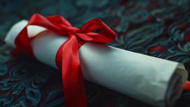 Close-up of a Parchment Scroll Tied with a Red Ribbon