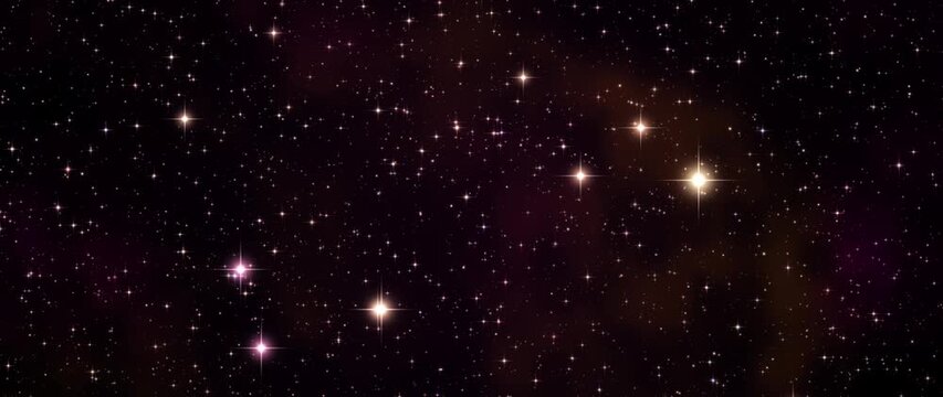 Glowing stars shift across a purple nebula in a deep space starfield
