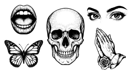 Fototapeta premium Detailed black and white vector illustration tattoo flash elements collection
