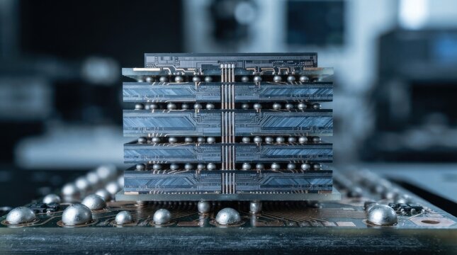 Magnified cross-section of a stacked semiconductor chiplet package showing through-silicon vias and solder bumps.