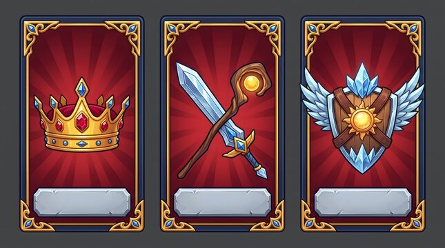 Fantasy game interface cards with crown sword and shield icons and blank nameplates for customization digital art