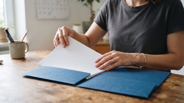 Person organizing white papers inside a blue presentation folder on a wooden desk surface
