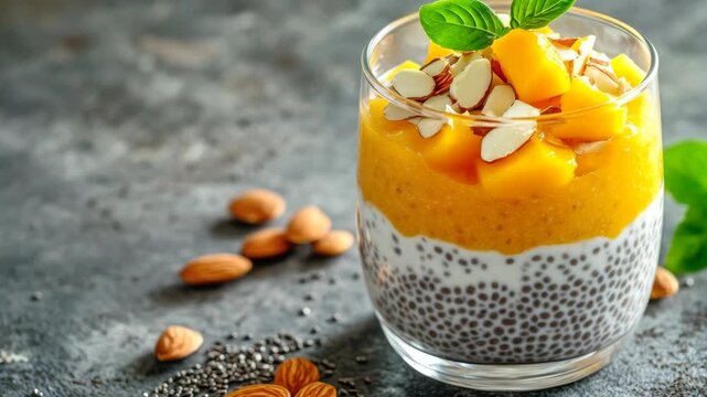 Dessert with granola and almonds