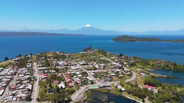 Aerial view of the coast of Puerto Octay, Llanquihue Lake and Andes Mountains