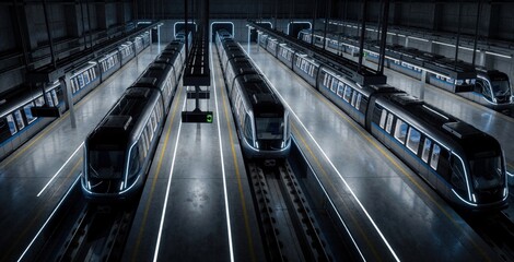 Fototapeta premium Futuristic automated subway depot with sleek electric trains on tracks. High tech metro station interior features LED guide lines, glowing lights, clean concrete floors. Autonomous carriages dock at