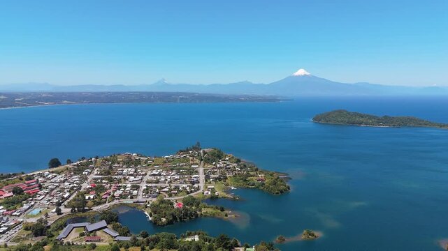 Aerial view of the coast of Puerto Octay, Llanquihue Lake and Andes Mountains