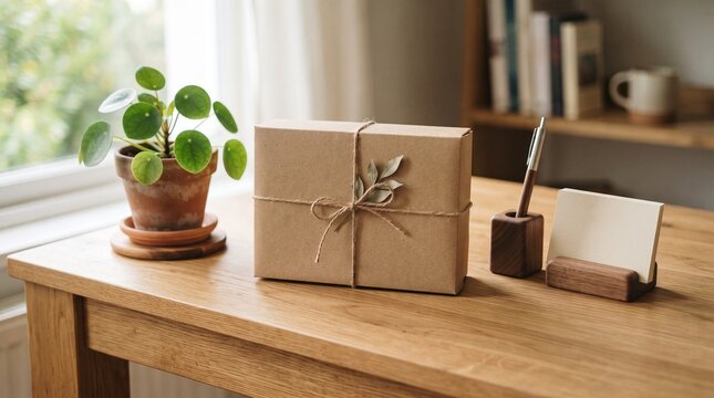 Eco friendly gift box wrapped in recycled paper with twine on a wooden desk in a bright office
