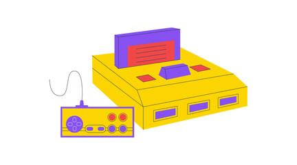 Retro console and joystick with flat style icon. Vintage videogame card and controller in purple yellow. Arcade gamepad brings video entertainment for gaming lovers, pop digital arcade element. © Moonnoon
