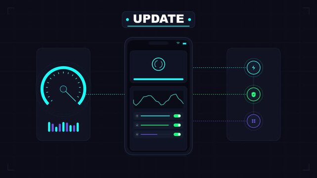 Digital mobile app software update interface dashboard showing system status