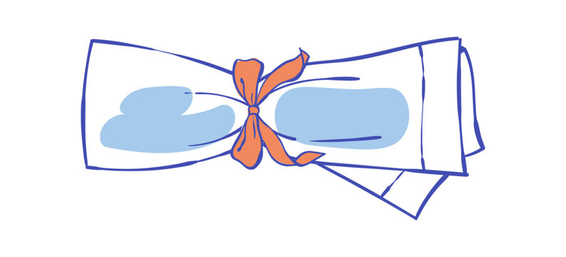Coquette dinner napkin icon in white and blue with bow knot detail in simple watercolor sketch style. Folded napkin graphic illustration for restaurant decor, menu design and cute table setting