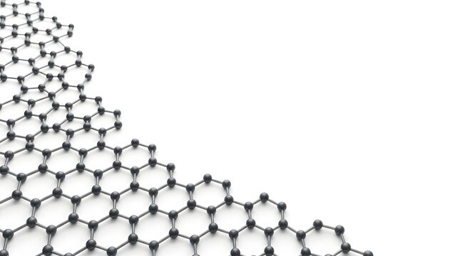 Graphene Structure Illustration, a Two-Dimensional Honeycomb Lattice Pattern. Scientific Diagram of Carbon Atoms Arranged in a Hexagonal Grid.