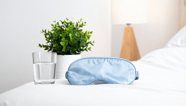 Blue sleep mask and glass of water on white bedding for wellness