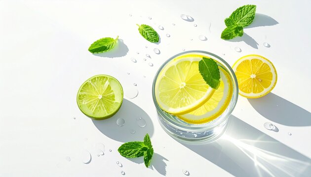 Glass of water with lemon slices and mint leaves on a white background