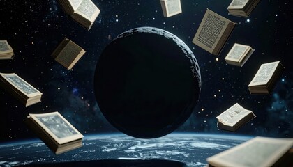 Fototapeta premium Books floating in space around Earth.