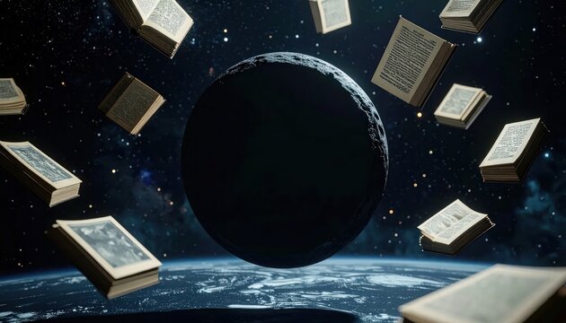 Books floating in space around Earth.