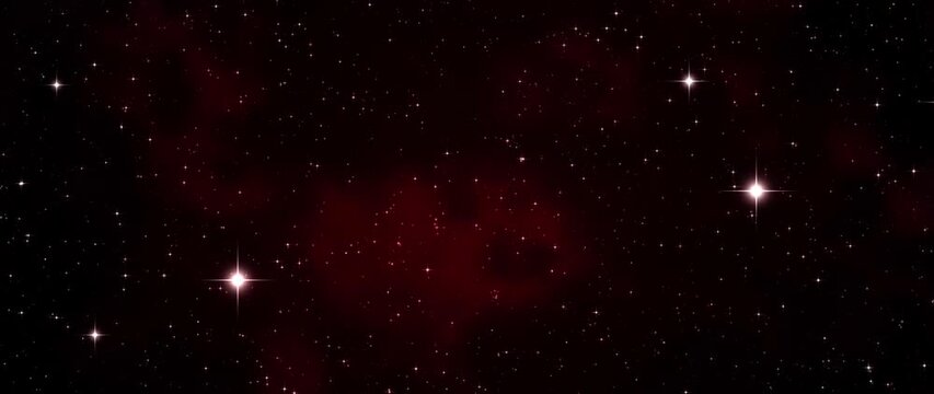 Red nebula and distant stars shimmer across a dark outer space background