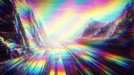 Fototapeta premium Abstract digital glitch background with colorful light streaks. Vibrant chromatic aberration effect creates wavy distortion pattern. Bright neon lines move through space like high speed data stream