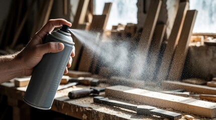 Fototapeta premium Close up of hand holding grey aerosol spray in workshop. Person uses spray paint coating tool to apply fine mist on wood surface. Hand presses nozzle to release liquid gas for DIY home improvement