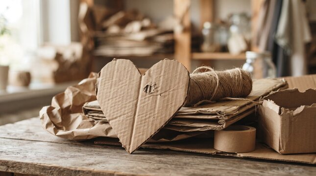 Handcrafted heart shape cut from corrugated cardboard on a rustic wooden workshop table surface