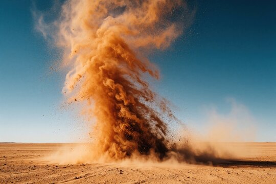 Massive dust devil whirlwind spins across dry desert landscape under clear blue sky. Powerful sand storm tornado rises from ground in arid wilderness. Intense wind swirl carries sand, dirt in hot