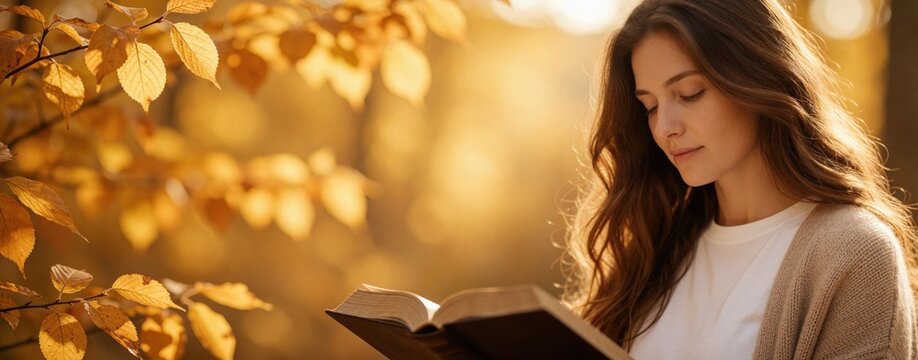 Close up of young woman reading holy bible in autumn park. Christian girl studies gospel book outdoors among golden fall leaves. Female person holds open scripture during peaceful moment of prayer,