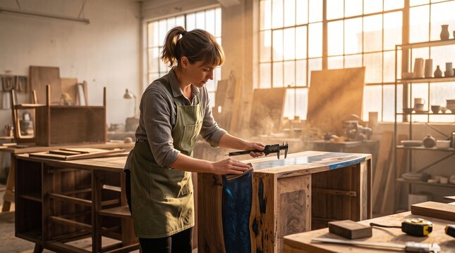 Artisan Sanding Vintage Furniture in Bright Modern Restoration Workshop
