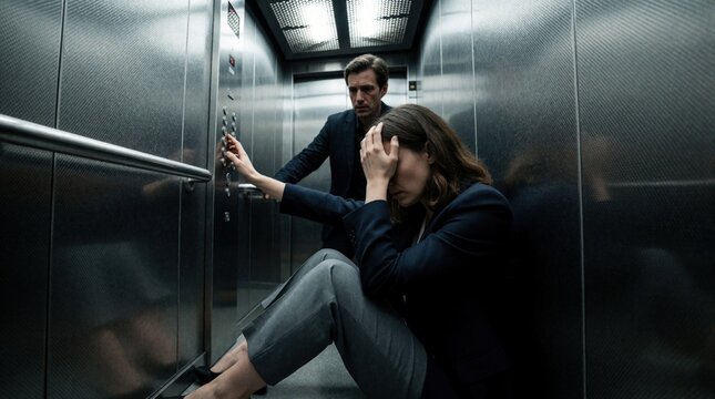 Stressed businesswoman sits on floor of metal elevator with head in hands. Distressed female employee feels panic, anxiety. Concerned male colleague stands behind in lift. People experience fear,