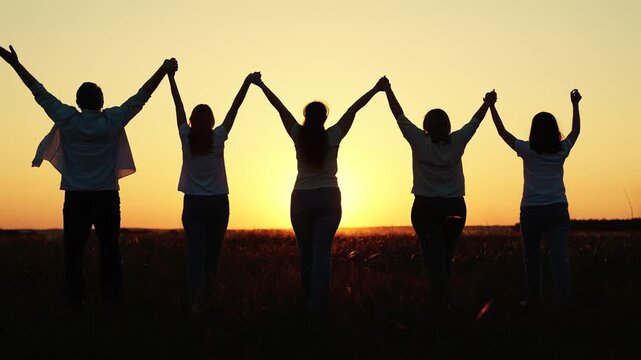 People praying God, raising hands sun sky together. Teamwork business group, sunset nature park. People working team. Partnership, collaboration on business concept. Business people united shared idea
