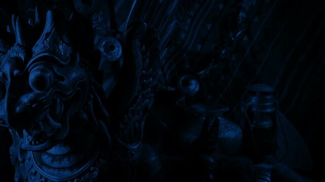 Asian Wooden Dragon With Scary Face In The Dark